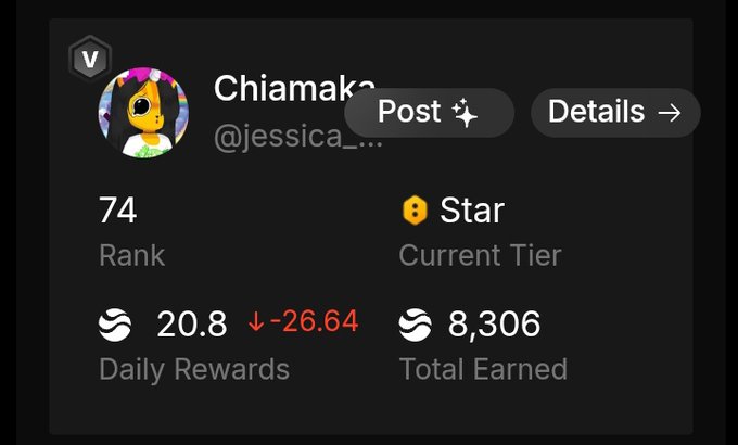 A user profile card for "Chiamaka" (@jessica_...) shows a rank of 74, Star tier, daily rewards of 20.8 (down 26.64), and total earned of 8,306 points, illustrating the gap between their current 8,306 points and the 10k $RIVER milestone they mentioned struggling to reach.
