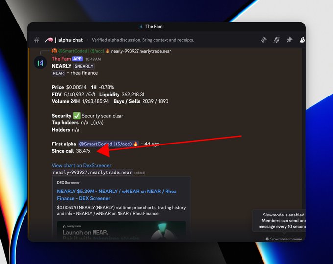 A Discord message in "alpha-chat" about the NEAR token ticker ($NEAR), with a red arrow pointing to "Since call 38.4x"; mentions "SmartCoded" and "Rhea Finance".