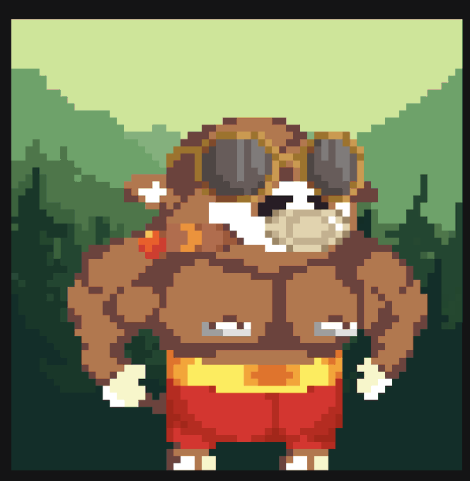 Pixel art illustration of a muscular brown dog character wearing red shorts, a yellow belt, and goggles on its head, standing in front of a green landscape.