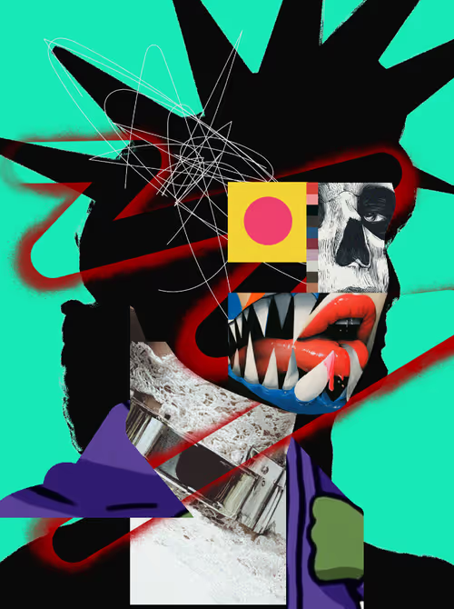 A surreal digital collage featuring a fragmented face with sharp teeth, abstract scribbles, and geometric shapes against a bright turquoise background.