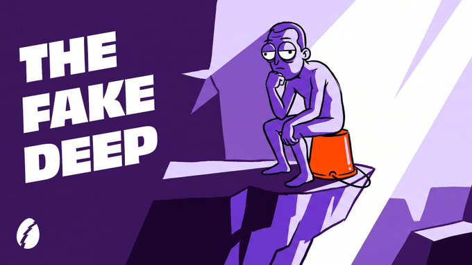 A stylized cartoon illustration of a purple figure sitting on an orange bucket on a cliff edge, with the bold text "THE FAKE DEEP" on the left.