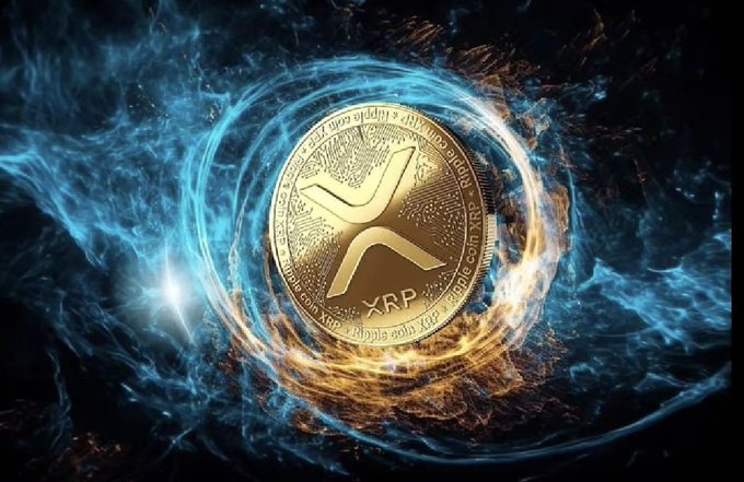 A golden XRP (Ripple) cryptocurrency coin surrounded by swirling blue and orange fiery energy effects against a dark background.
