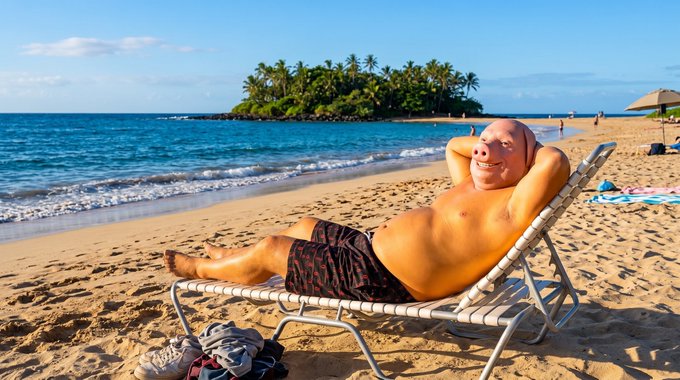 The image shows a man sitting on a beach chair, enjoying his time by the ocean. He has his head resting on his hand while relaxing on the chair. There are several other people around him, indicating that this is a popular spot for beachgoers. The photo also includes an umbrella and some bags nearby, suggesting that someone else might be spending time at the beach as well.

The post about pork suggests that there may be a barbecue or picnic planned by the group of people in the image. It could be related to their gathering on the beach, where they are enjoying food and each other's company while appreciating the beautiful ocean view.