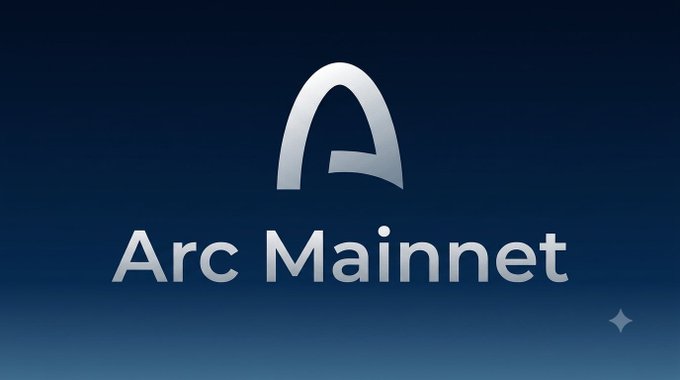 Logo for 'Arc Mainnet' featuring a stylized 'A' symbol in white and gray against a dark blue gradient background with sparkle effects.