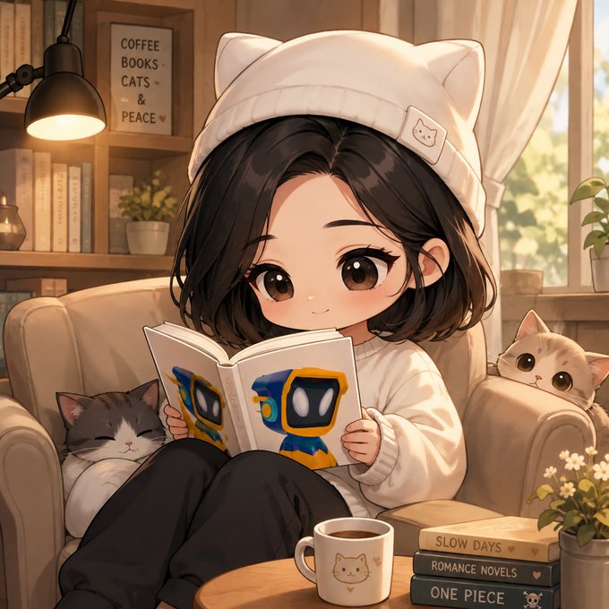 An anime-style illustration of a girl with cat ears reading a book in a cozy chair, surrounded by two cats, with books titled 'SLOW DAYS', 'ROMANCE NOVELS', and 'ONE PIECE' visible.