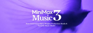 A purple promotional graphic reading "MiniMax Music 3" with the tagline "Next-Generation Open-Weights Production-Ready & Versatile Music Model" displayed over a blurred silhouette of a cat.