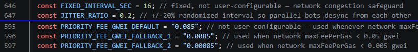 A code snippet showing constants including 'FIXED_INTERVAL_SEC = 16', 'JITTER_RATIO = 0.2', and priority fee settings like 'PRIORITY_FEE_GWEI_DEFAULT = 0.085' and fallback values.