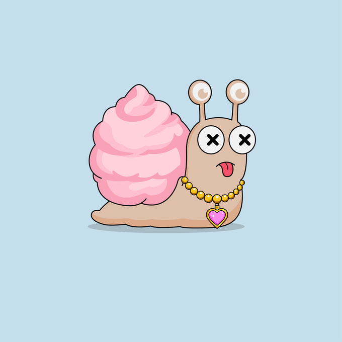 A cartoon illustration of a snail with pink cotton candy-like shell, X-shaped eyes, a pink heart necklace, and a sticking-out tongue on a light blue background.