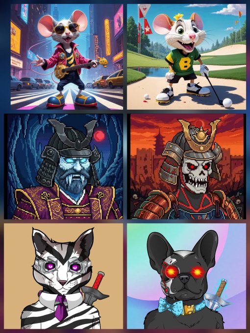 A 2x3 grid showcasing six digital art NFT collectibles being given away in a PawPular, Shinigami, and Narrrf collaboration, featuring stylized anthropomorphic mice, samurai warriors, and cyberpunk French Bulldog characters, with visible "B" logos on the golf-themed mouse and baseball-themed mouse NFTs.