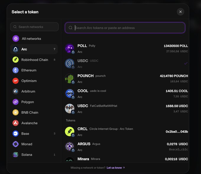The image displays Synthra's token selection interface, where users can browse and trade tokens like POLL (27,550.58 USDC), POUNCH (163.64 USDC), COOL (7.66 USDC), CRCL, and ARGUS directly on the Arc network. This visually supports the post's claim of frictionless cross-chain trading by showing how various tokens from multiple networks (Arc, Robinhood Chain, Ethereum, Optimism, etc.) are accessible from a single interface without network switching.