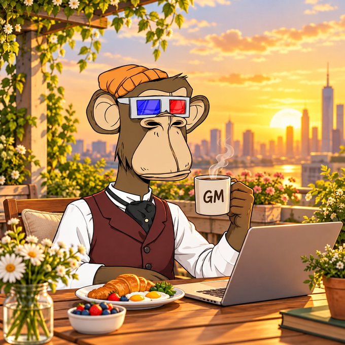 An animated illustration of a monkey wearing 3D glasses and a beanie, dressed in formal attire, holding a 'GM' coffee mug while working on a laptop with a breakfast of eggs and pastries on a rooftop overlooking a city skyline at sunset.