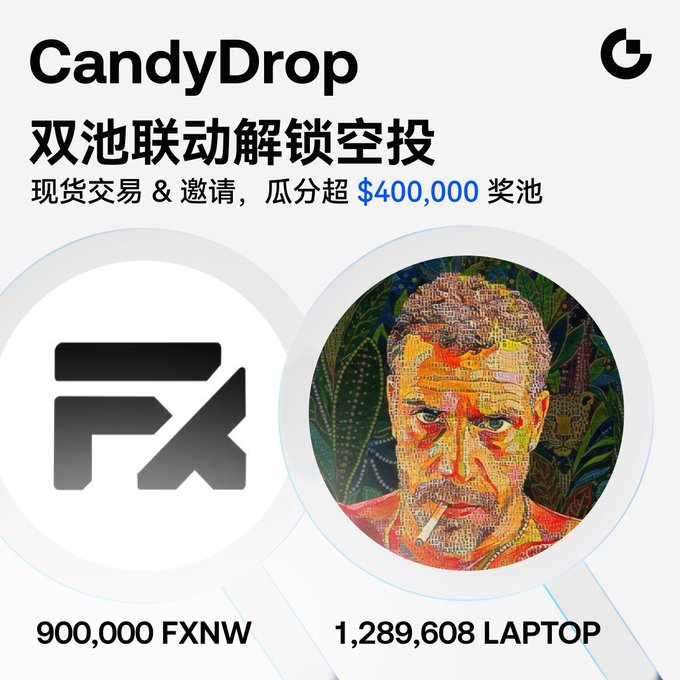 A promotional banner for Gate.io's CandyDrop airdrop event featuring dual pools for FXNW (900,000 tokens) and LAPTOP (1,289,608 tokens), with Chinese text announcing that trading and invitation activities will unlock the airdrop from a prize pool exceeding $400,000.