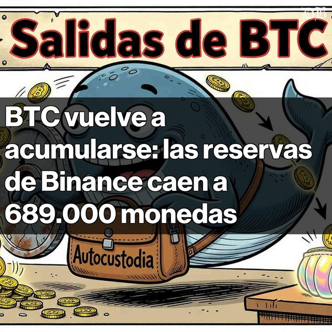 A cartoon whale carrying a bag labeled 'Autocustodia' surrounded by Bitcoin coins, with text reading 'Salidas de BTC' and 'BTC vuelve a acumularse: las reservas de Binance caen a 689.000 monedas'.