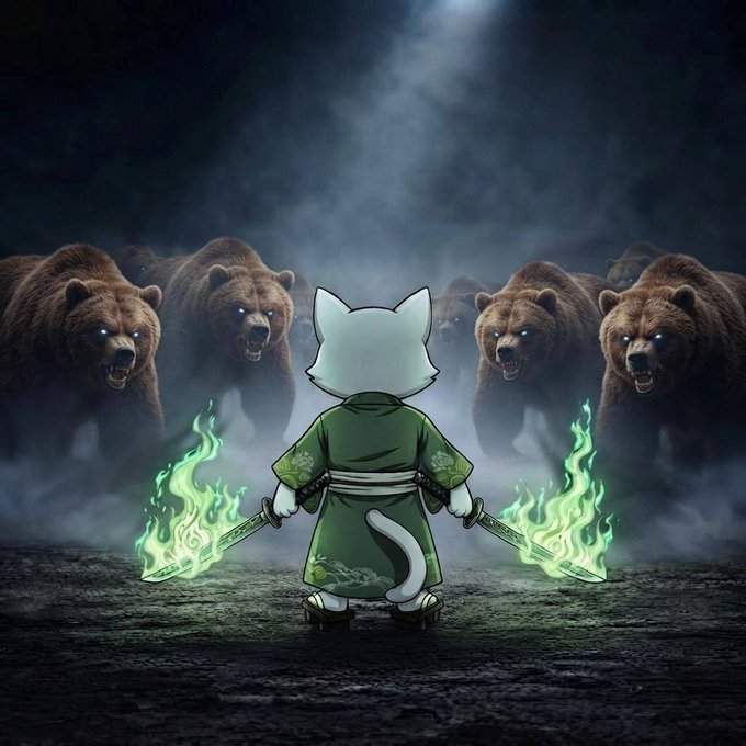 A 2D animated cat character in a green robe stands holding two glowing green swords, facing a menacing pack of brown bears in a dark, smoky environment.