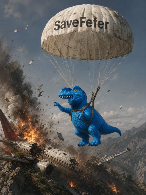 A blue T-Rex descends by parachute emblazoned with "saveFefer" over a fiery plane crash wreckage. The image humorously illustrates the post's point about memecoins being a major attraction alongside Bitcoin's movements, with the "saveFefer" parachute serving as a rescue/attention-grabbing metaphor for an official memecoin on a stable chain.