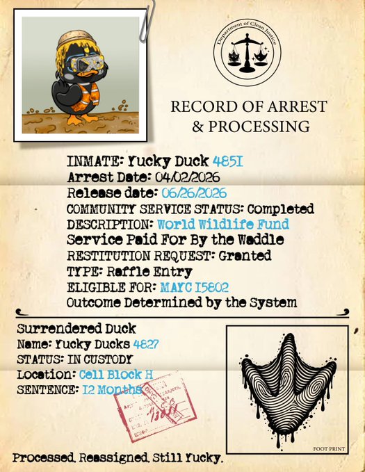 The image is a "Record of Arrest & Processing" document from the Department of Cluck Justice, detailing Yucky Duck #4851's arrest on 04/02/2026, release on 06/26/2026, completion of community service for World Wildlife Fund (paid for by The Waddle), and restitution granting a raffle entry for MAYC #15802. It complements the post by visually documenting the "Yuck Jail" narrative, showing the duck's mugshot, "in custody" status at Cell Block H with a 12-month sentence, and the humorous note "Processed. Reassigned. Still Yucky."