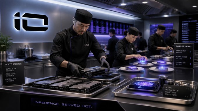 A futuristic kitchen scene where chefs in black uniforms prepare 'compute orders' with glowing blue energy on plates, featuring a menu board and the slogan 'INFERENCE, SERVED HOT.'