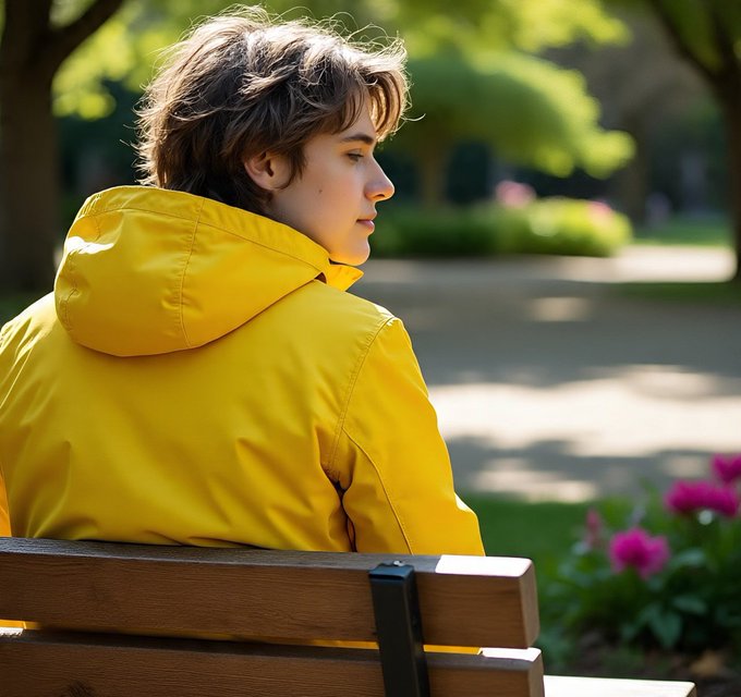 A young person with messy brown hair wearing a bright yellow hooded jacket sits on a wooden park bench, gazing off to the side with pink flowers and green trees in the background.