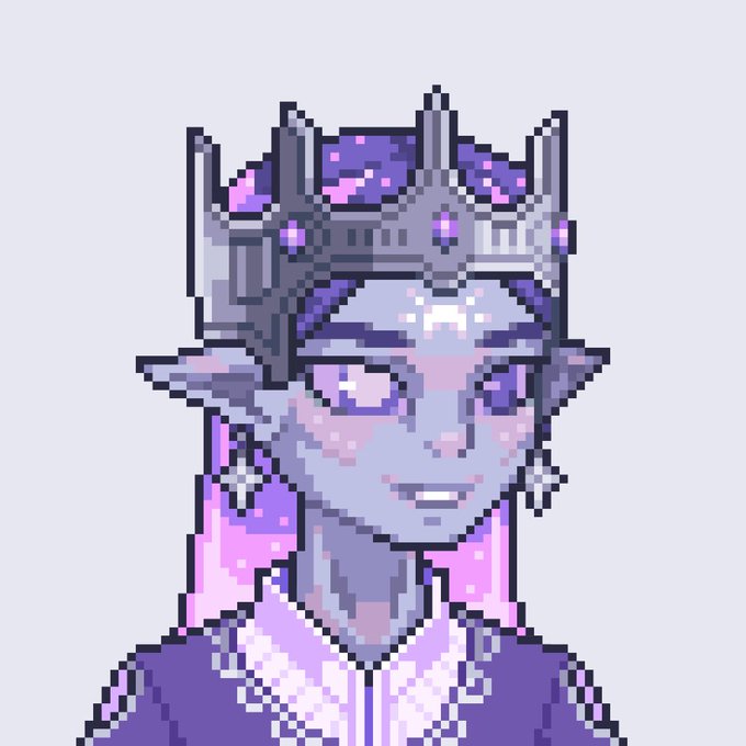 A pixel art portrait of a character with purple skin, pointed ears, purple eyes, and a silver and purple crown, wearing earrings and a purple outfit.