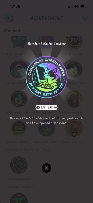 A mobile app screenshot showing an achievement badge titled 'Bestest Beta Tester' for being one of 500 whitelisted beta testers.