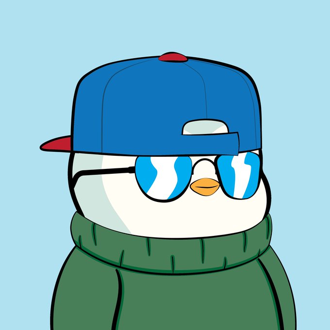 A cartoon penguin wearing a blue backwards cap, blue sunglasses, and a green sweater on a light blue background.