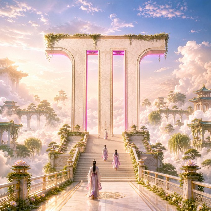 A fantasy illustration of figures in flowing white and purple robes ascending a grand staircase toward a massive white archway surrounded by clouds and traditional Asian-style architecture.