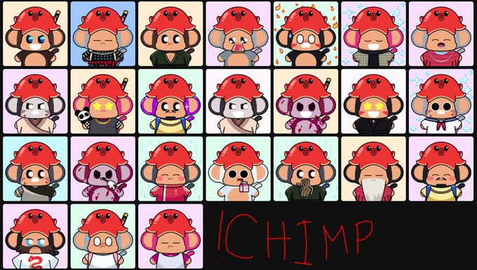 A grid of 22 cute chibi-style character icons wearing red Shiba Inu dog hats, with the text 'ICHIMP' displayed on a black background in the bottom right corner.