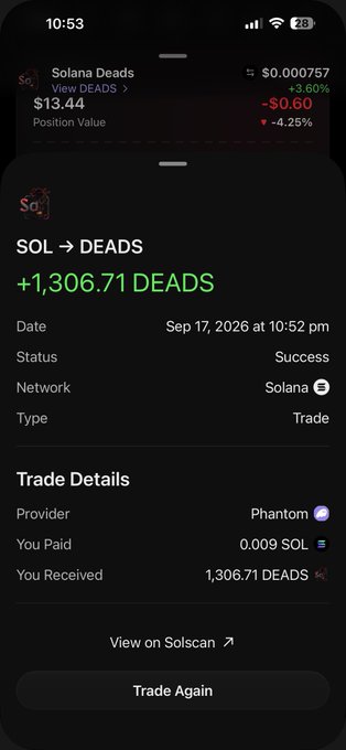A cryptocurrency trading app screenshot showing a successful trade of 0.009 SOL for 1,306.71 DEADS on the Solana network via Phantom wallet.