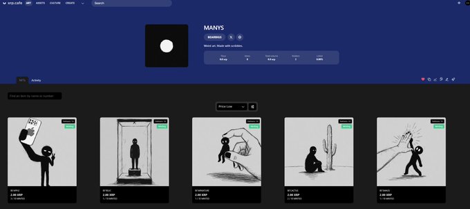 An NFT marketplace interface displaying a collection named 'MANYS' with five black-and-white illustrated artwork listings available for purchase.
