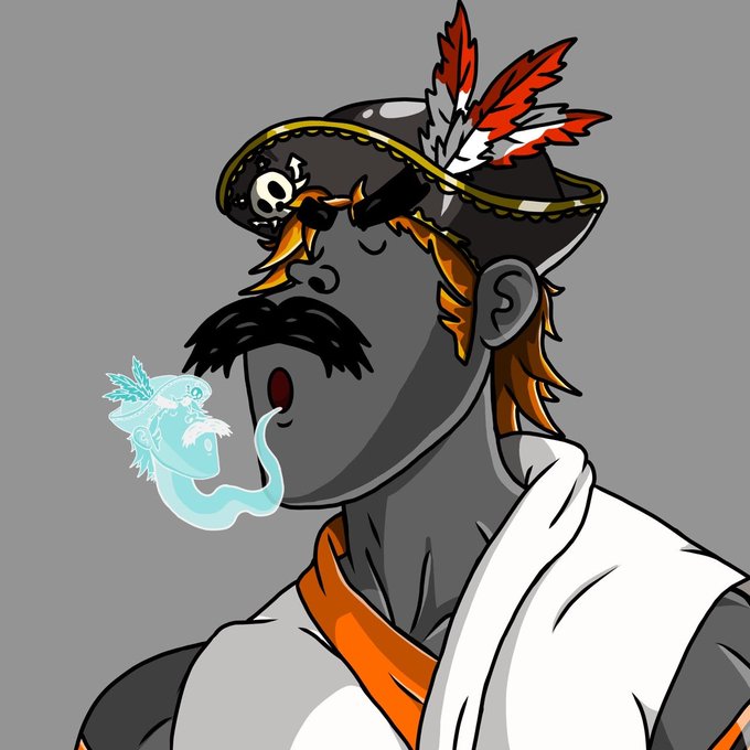 An anime-style illustration of a grey-skinned character wearing a pirate hat with feathers and a skull emblem, blowing a blue flame shaped like a creature.