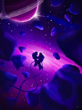 A digital illustration of two figures embracing in silhouette against a vibrant purple cosmic background with planets and floating rock fragments.