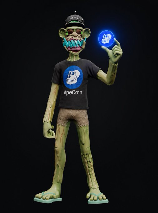 A 3D-rendered zombie-like creature wearing a black cap and t-shirt holding a glowing blue coin, with the t-shirt displaying a skull logo and the text 'ApeCoin'.