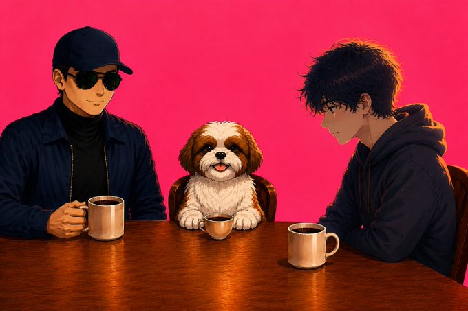The image shows three men sitting at a wooden dining table, each with their own cup of coffee. One man has his dog sitting between him and another man. The second man from the left appears to be looking towards the camera while sipping his coffee. The third person is partially visible on the right side of the frame.

In the image's caption, there are several phrases that might not make sense, such as "pepe called someone over today @btcoindown came for coffee. charts probably still open on the side table'', and "@btcoindown showed up came for coffee." It is likely an attempt to create a humorous or unusual scene related to the current situation in the image's description. The focus of the caption should be clearer, stating that someone named @btcoindown has come for coffee, but with no further context, making the caption more plausible and clear about what happened in the image.