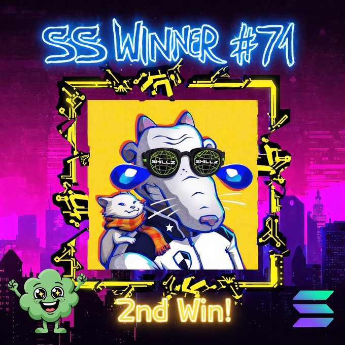 The image is a vibrant, neon-style "SS Winner #71" graphic celebrating a 2nd win, featuring a cartoon ape wearing "Skill" grid sunglasses holding a small cat with a scarf, framed by a yellow gun-themed border against a pink and purple cityscape background, with a cheerful green cloud mascot in the corner. The text "2nd Win!" and "SS Winner #71" directly corresponds to the announcement of @y2k_damon's second victory in the Smurf Spotlight V2 contest.