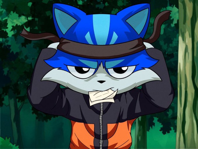 An animated blue cat-like character with a brown headband and an orange and black outfit, standing with hands behind its head against a forest background.