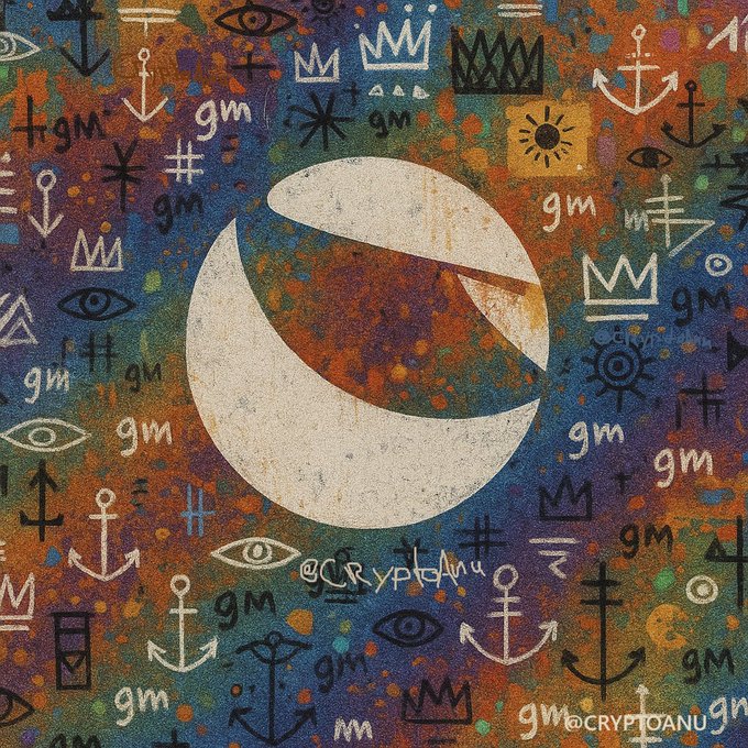 A stylized central crescent shape surrounded by repeated graffiti-style "gm" tags, crowns, anchors, eyes, and symbols on a textured rust-and-blue background, with the handle "@CryptoAnug" visible at the bottom—matching the post's "GM $LUNC FAM" rallying call by visualizing the "gm" mantra as community-driven street art celebrating the LUNC cycle.