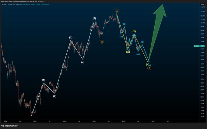 A BTCUSD weekly TradingView chart displaying an Elliott Wave analysis with labeled waves (1-5, A-B-C, W-X-Y-Z, and subwaves), showing a projected bearish "worst bull case" scenario with a large green arrow indicating a potential massive rally following a complex combination correction completing at the Y wave low.
