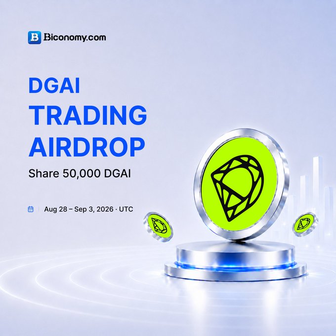A promotional graphic from Biconomy.com announcing a 'DGAI TRADING AIRDROP' sharing 50,000 DGAI tokens, scheduled for August 28 – September 3, 2026 UTC, with a green coin display.