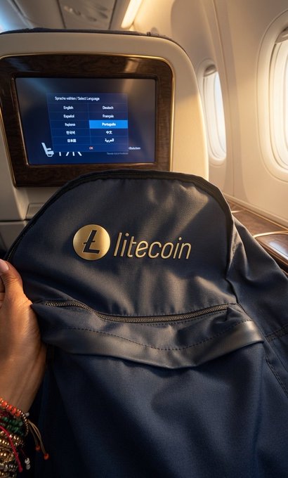 A person's hand holds a navy "litecoin" branded backpack in an airplane cabin, with a seatback screen displaying a language selection menu visible behind it—capturing the moment before traveling to Europe with their $LTC gear.