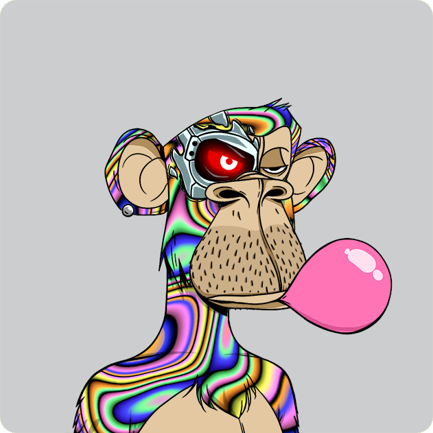 A digital illustration of a psychedelic, rainbow-patterned monkey wearing a metallic eye patch with a glowing red eye, blowing a pink bubblegum bubble.