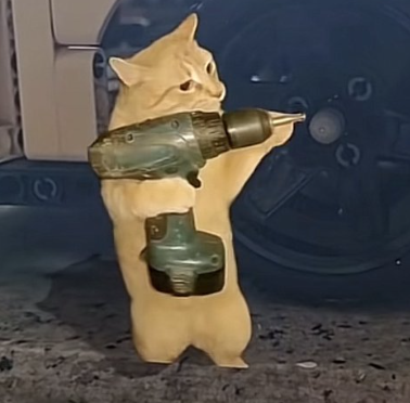 An orange cat stands on its hind legs wielding a power drill near a car wheel, humorously symbolizing the "meme cat" meme coin IP doing mechanical work on the "K-line" (K-line trendline). The post celebrates International Cat Day by positioning the cat as a major crypto IP, with the wallet address "0xcd5c696c88ceef282c64087eaf34ab4ffd0a7777" shown as the token's contract.