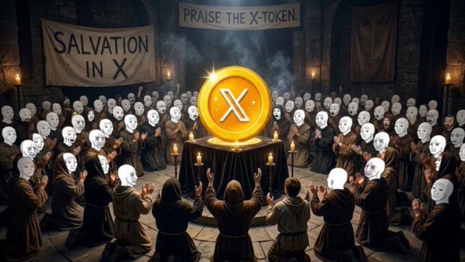 A dark, cult-like gathering of masked figures surrounding a glowing golden 'X' token on an altar, with banners reading 'SALVATION IN X' and 'PRAISE THE X-TOKEN', depicting a satirical crypto cult scene.