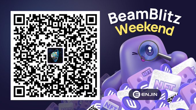 A purple character wearing a magnifying glass sits atop a pile of "NFT" tokens beside the text "BeamBlitz Weekend," next to a QR code branded with the Enjin logo to facilitate the Beam QR scan and NFT claim promoted in the post.