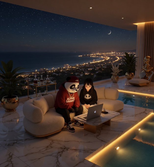 The image features a man and woman sitting together, both looking at a laptop computer screen. They are positioned next to each other on a couch placed near a pool area. The scene takes place during nighttime, with the city lights visible in the background.