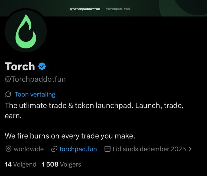 A Twitter/X profile for 'Torch' (@Torchpaddotfun) describing it as 'Toon vertaling' and 'The ultimate trade & token launchpad. Launch, trade, earn,' with the handle torchpad.fun, showing 14 following and 1,508 followers.