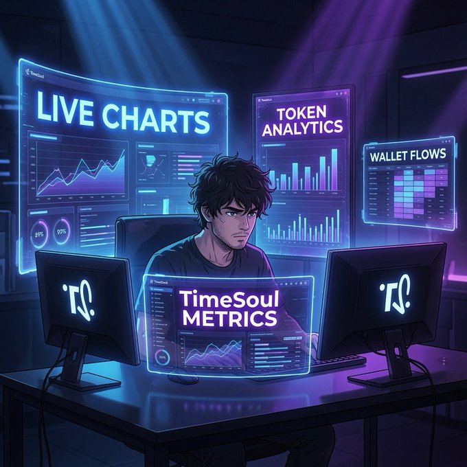 An anime-style illustration shows a young man sitting at a desk with multiple monitors displaying 'LIVE CHARTS', 'TOKEN ANALYTICS', 'WALLET FLOWS', and 'TimeSoul METRICS' dashboards from a platform called TimeSoul.