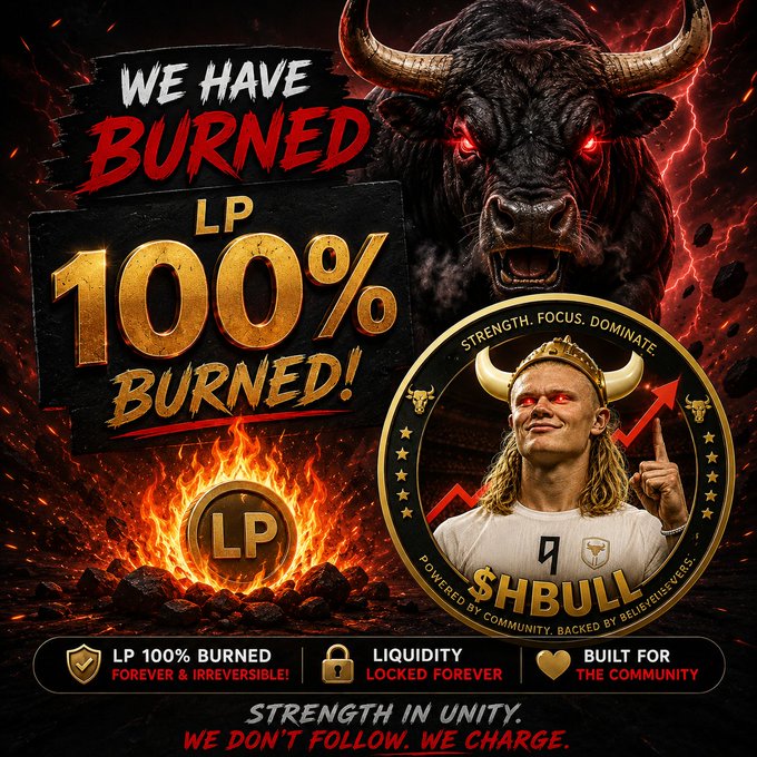 A fiery promotional graphic for $HBULL token featuring a menacing bull with glowing red eyes, declaring "WE HAVE BURNED LP 100% BURNED!" alongside an LP coin engulfed in flames and an image of a blonde man wearing a Viking-style horned helmet. The bottom emphasizes key selling points—"LP 100% BURNED FOREVER & IRREVERSIBLE," "LIQUIDITY LOCKED FOREVER," and "BUILT FOR THE COMMUNITY"—reinforcing the post's announcement of a major milestone for the $HBULL project.