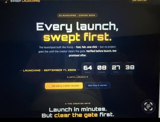 A LaunchPro pre-launch website displays "Every launch, swept first" with a countdown to September 17, 2026, showing 64 days, 8 hours, 27 minutes, and 38 seconds remaining. The page promotes early creator access for a "launchpad built like Pump" where projects must clear a verification gate before going live, aligning with the post's promotion of $SWEEP.