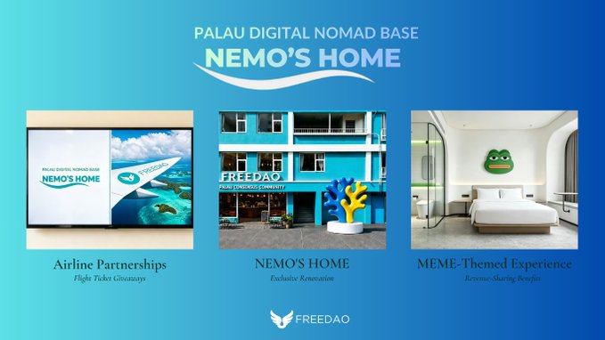This promotional graphic for FREEDAO's "Palau Digital Nomad Base NEMO'S HOME" showcases three key features: airline partnerships with flight ticket giveaways (left panel displaying the Nemo's Home logo), an exclusive renovation of the Freedao Community building (center photo), and a MEME-themed experience with revenue-sharing benefits featuring a Nemo character decal in a modern bedroom (right photo). The image visually reinforces the post's message about FREEDAO's inaugural real-world ecosystem hub that combines MEME culture, RWA, and DAO governance in a physical hotel setting.