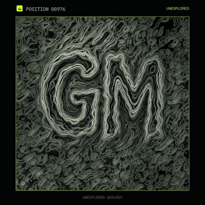 A dark, swirling marbled texture forming the letters 'GM' with text reading 'POSITION 00976', 'UNEXPLORED', and 'UNEXPLORED GEOLOGY' around the borders.